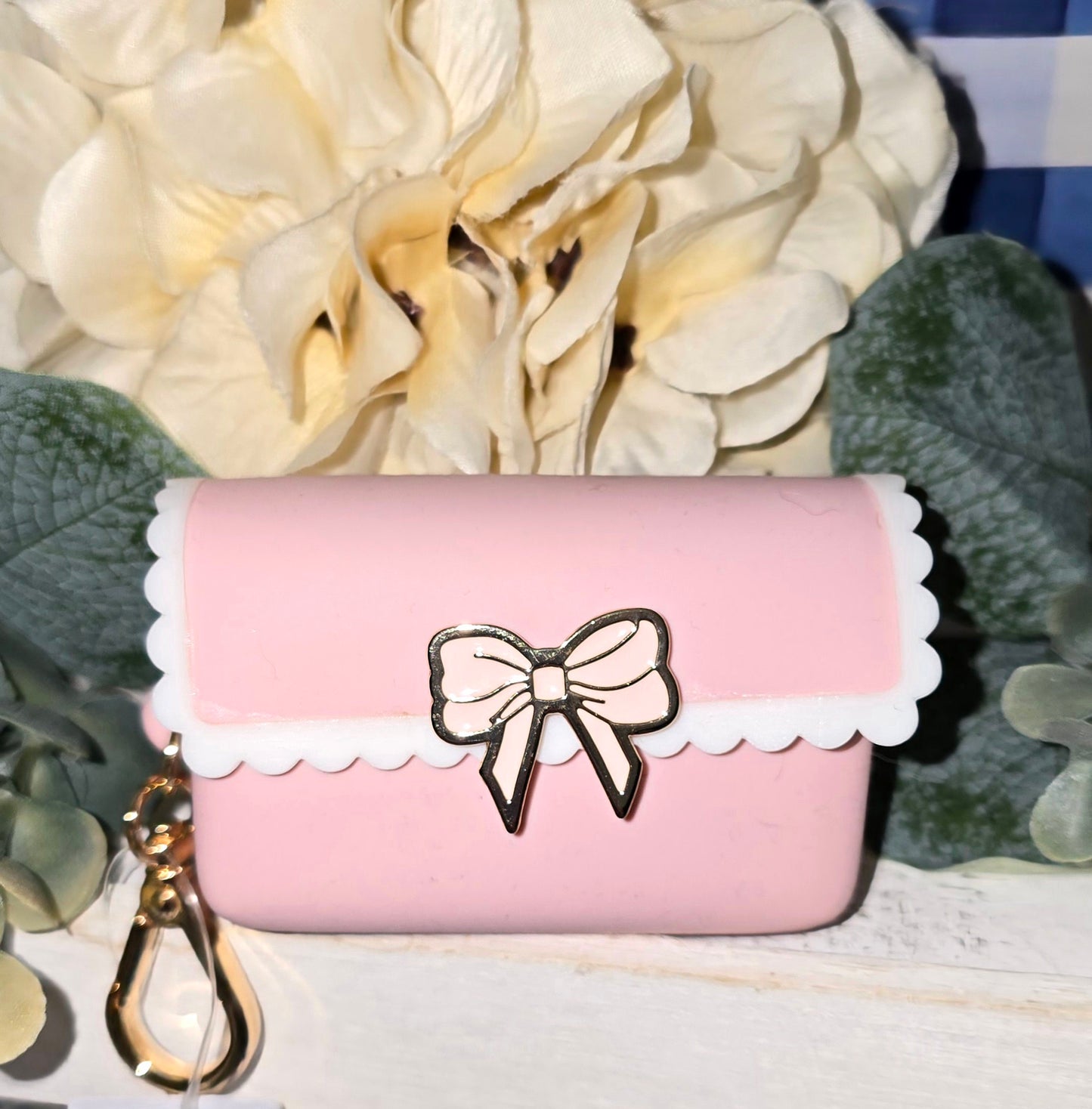 New Bath and Body Works Pink Bow Snapcase PocketBac Holder Scalloped Purse