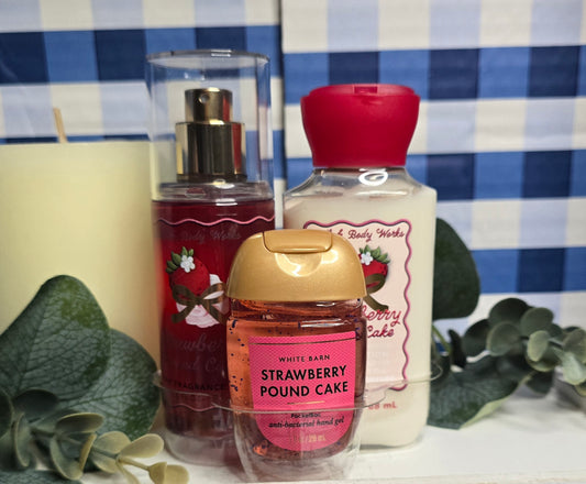 New Bath & Body Works Strawberry Pound Cake 3 Pc Travel Size Gift Set Body Mist Body Cream, Hand Sanitizer